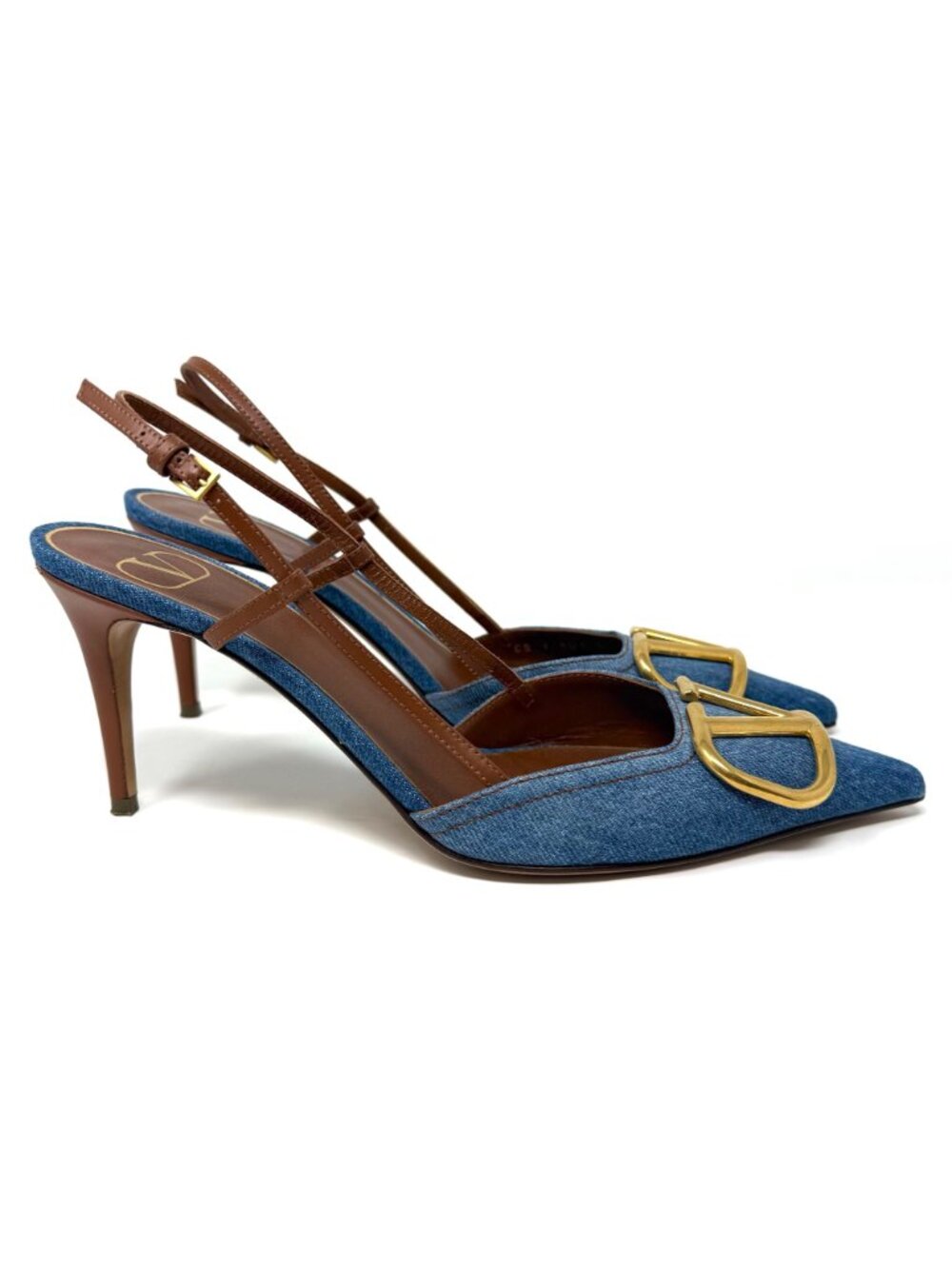 VALENTINO Garavani V Logo Gold & Denim Selleria Slingback Pumps Sz 39 - Picture 9 of 11